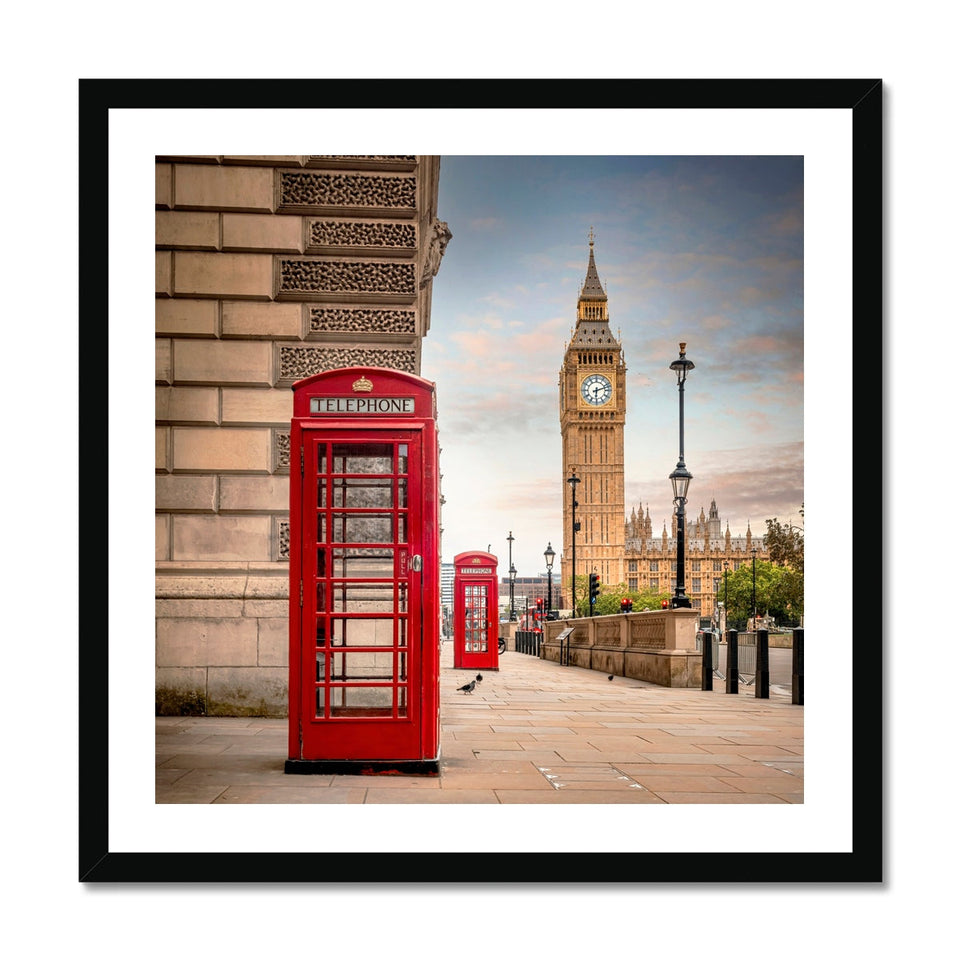 Vintage telephone boxes below Big Ben Framed Print featured image