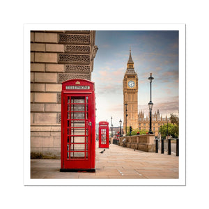 Vintage telephone boxes below Big Ben Fine Art Print