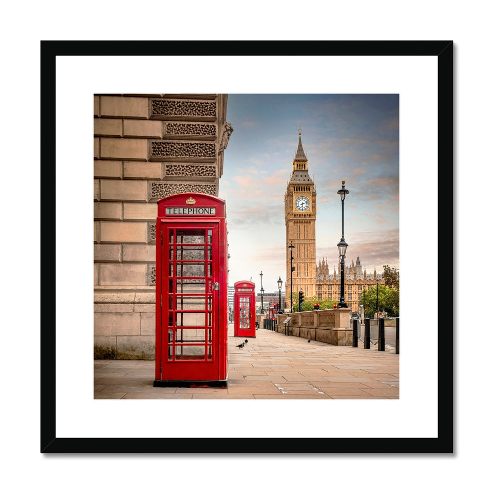 Vintage telephone boxes below Big Ben Framed &amp; Mounted Print featured image