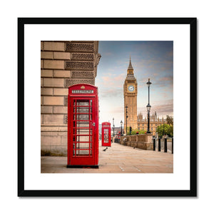Vintage telephone boxes below Big Ben Framed & Mounted Print